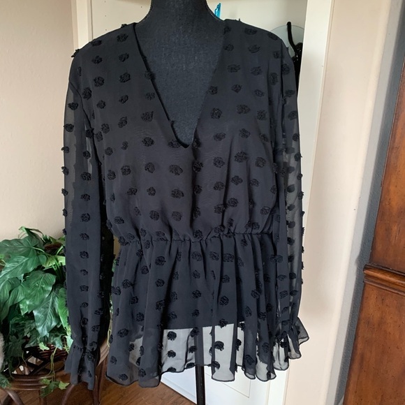Black Swiss Dot Babydoll Blouse - Picture 2 of 13